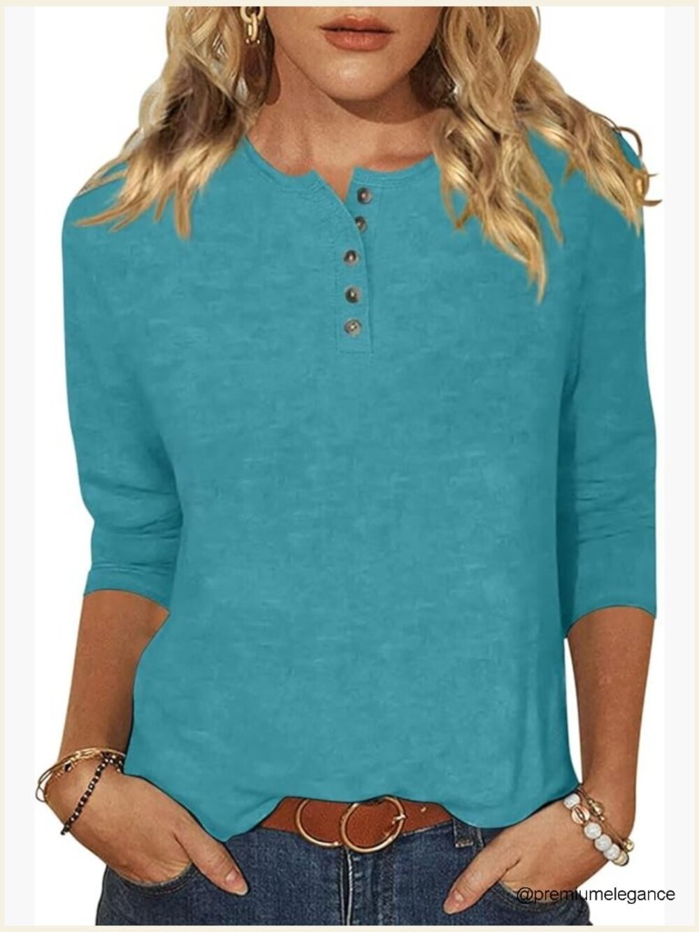 Women's Crew Neck 3/4 Sleeve Button T-Shirt Tunic Blouse